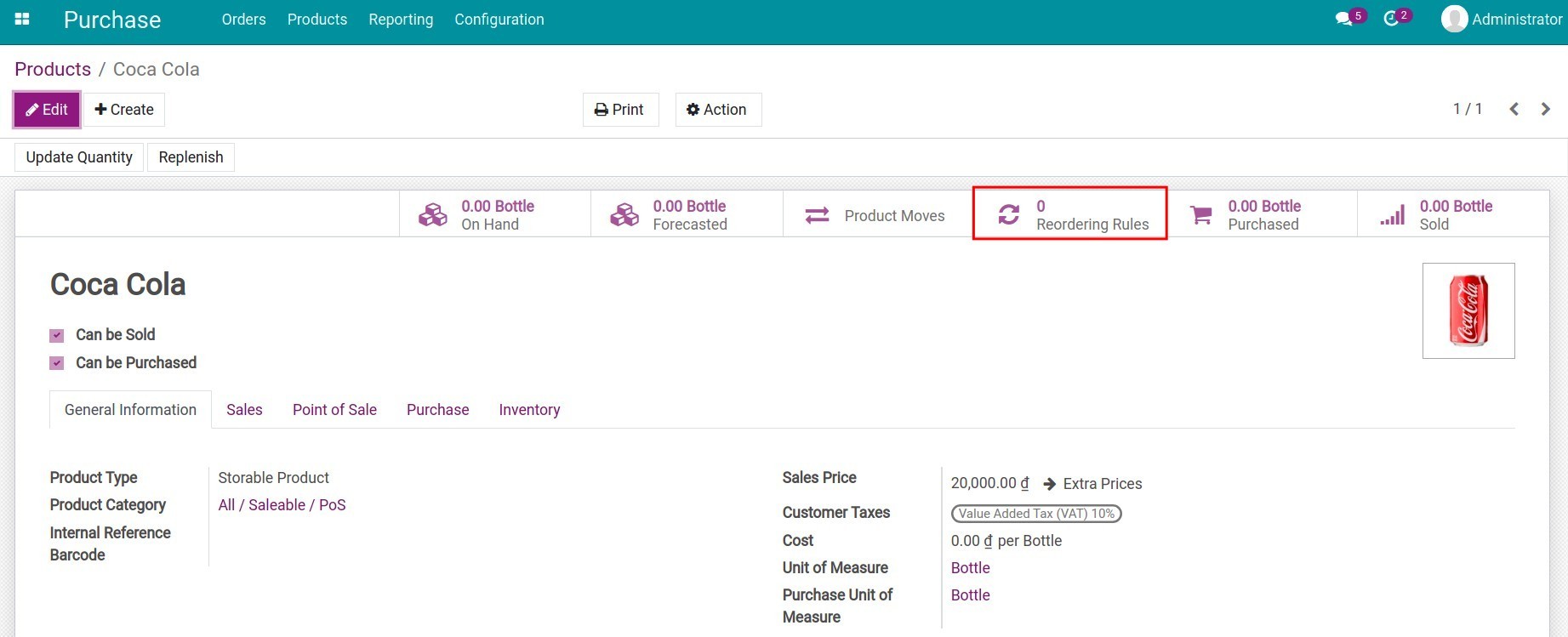 Access reordering rules of a product in Viindoo