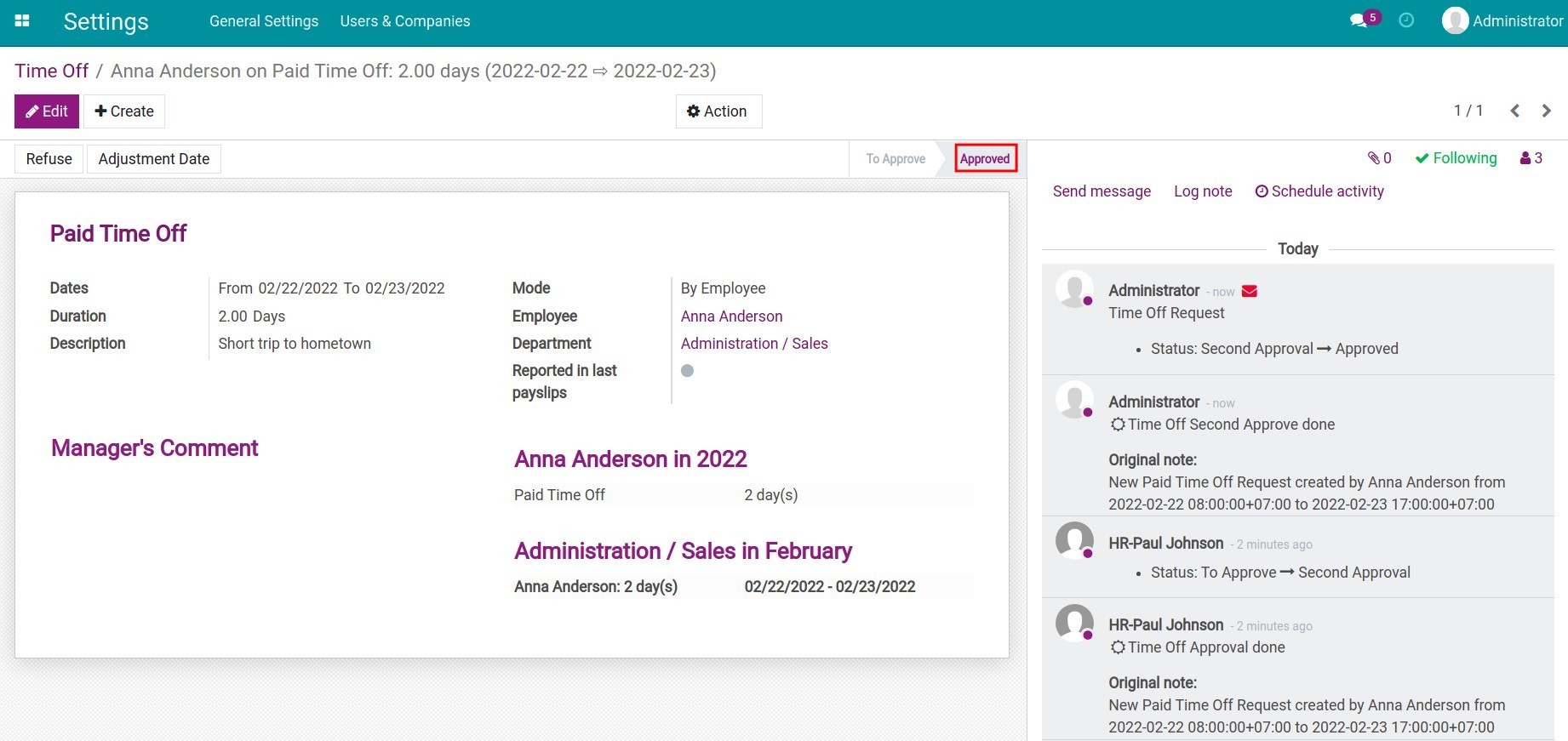 Complete the approval of time off request in Viindoo Time Off management application