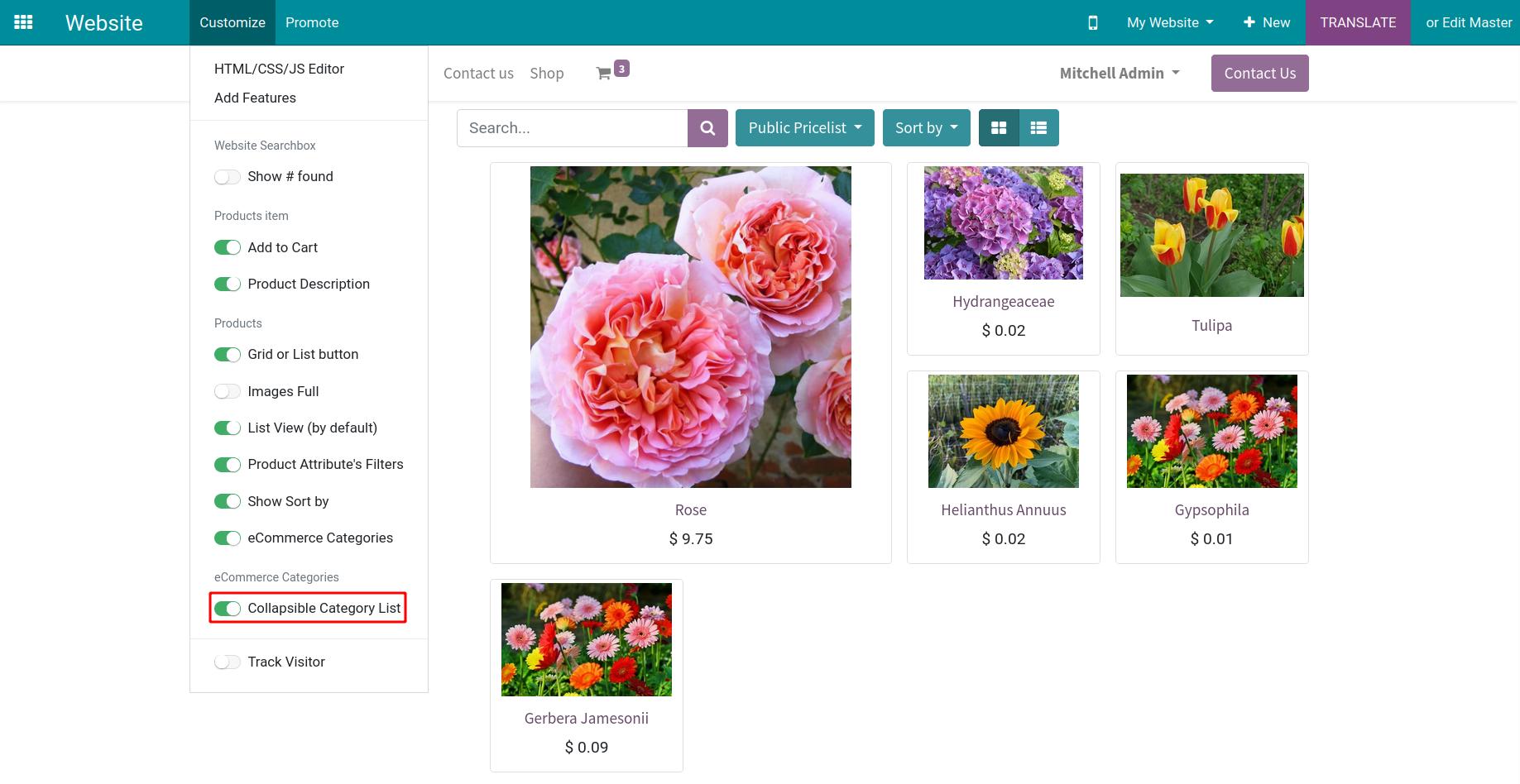 eCommerce categories collapse feature