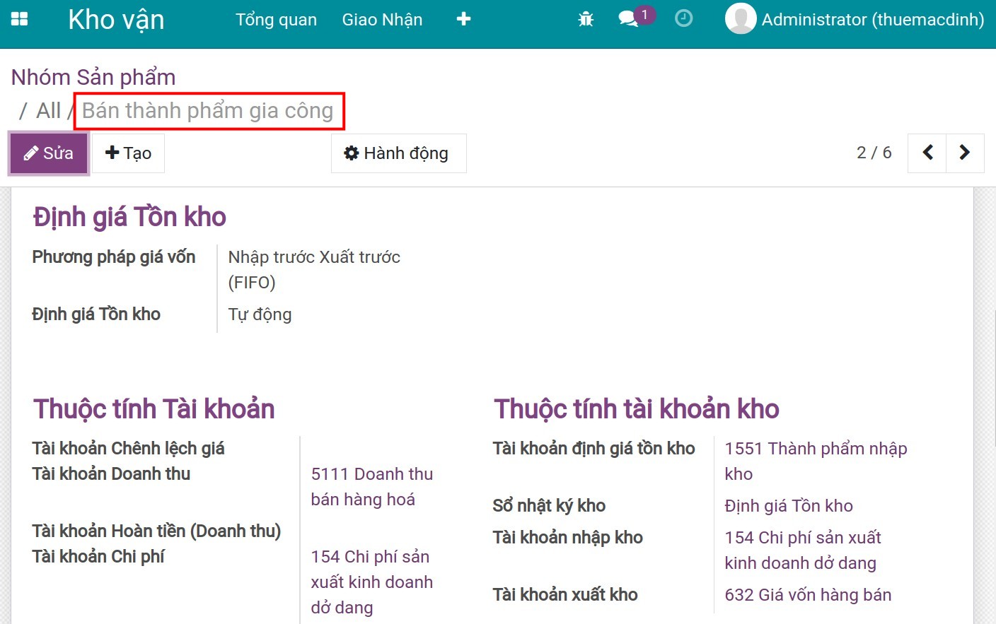 Thiết lập nhóm sản phẩm bán thành phẩm gia công