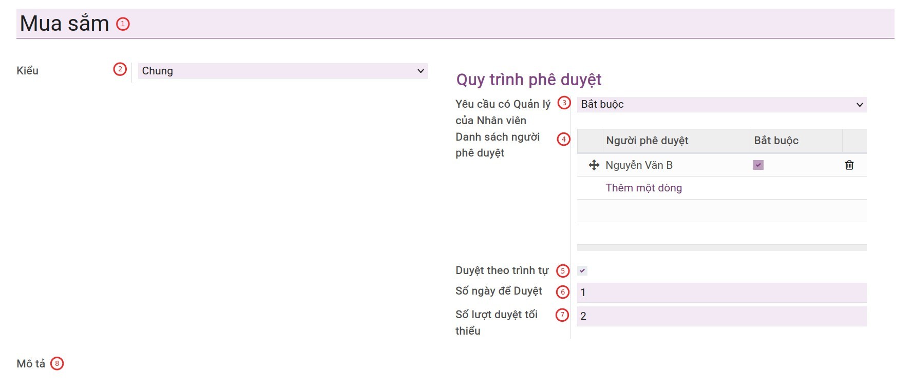 Các trường trong kiểu yêu cầu phê duyệt trong Viindoo
