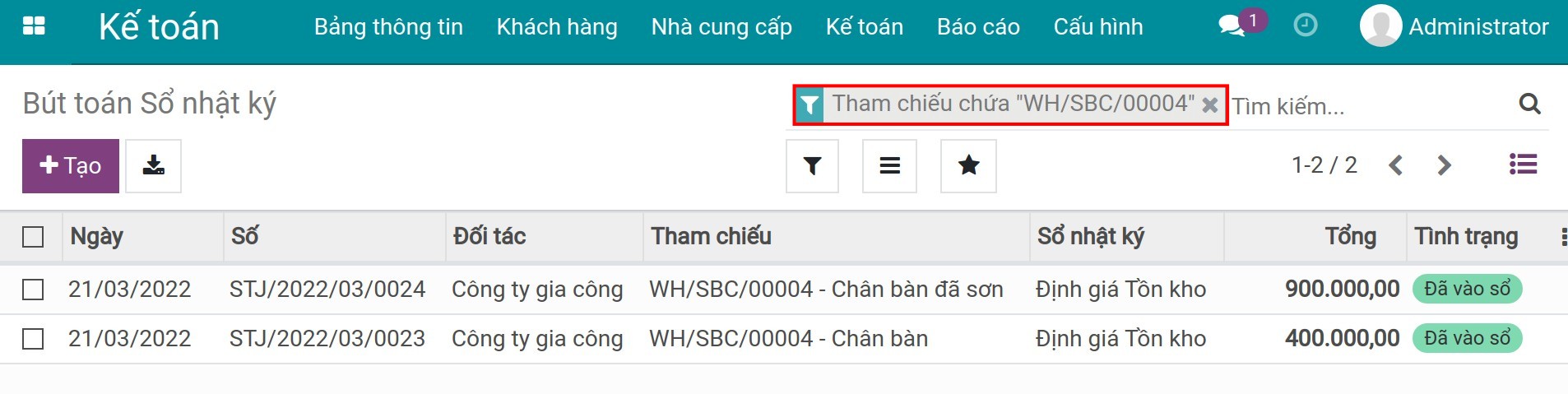 Giao diện lọc tìm các bút toán đi gia công