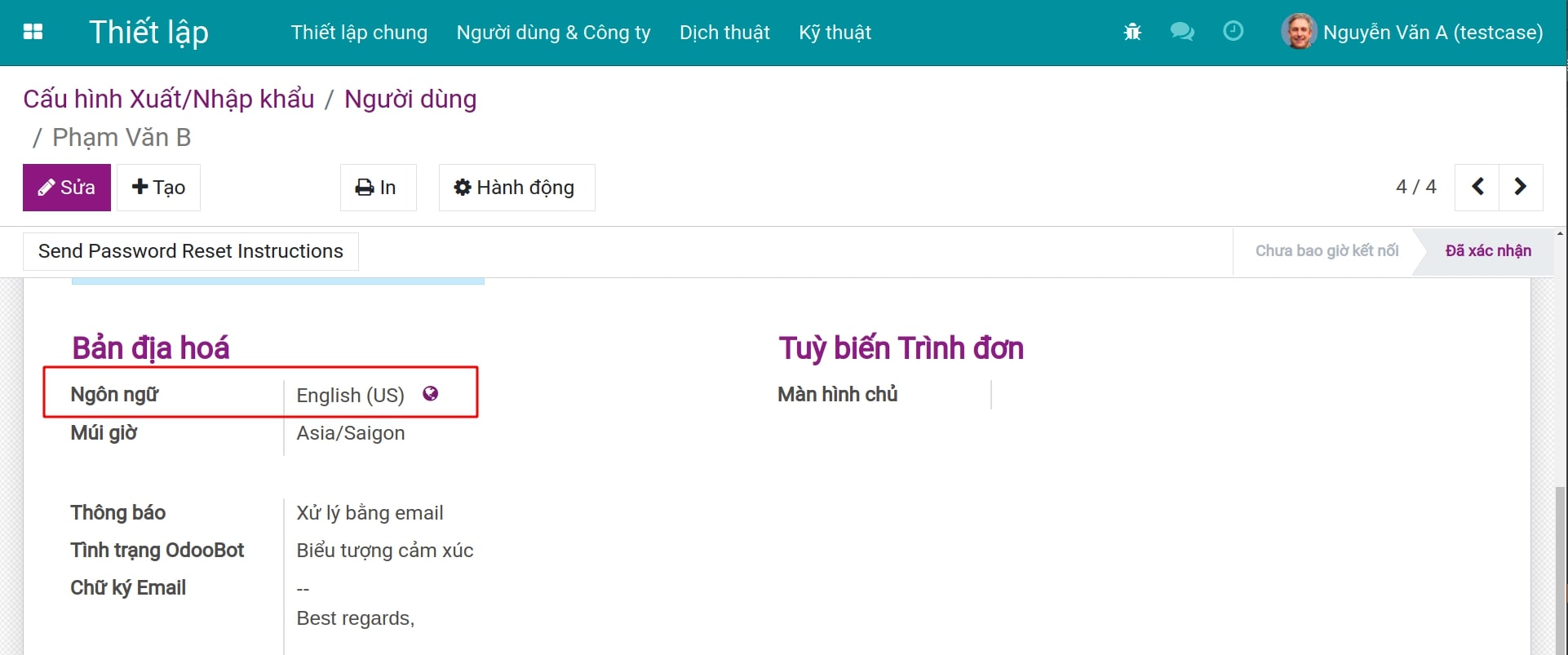 Ngôn ngữ đã được thiết lập cho người dùng thành công