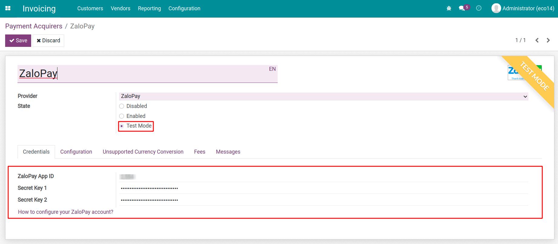 configuration of ZaloPay payment