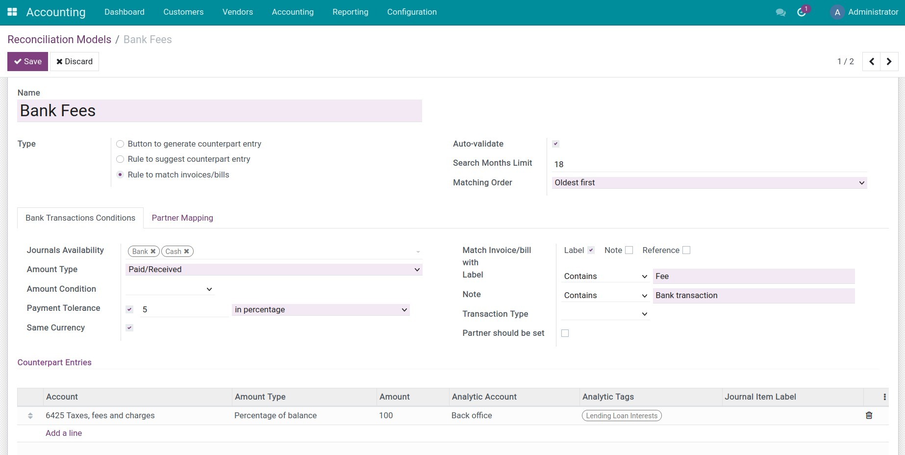 Configure the match existing invoices/bills reconciliation model.