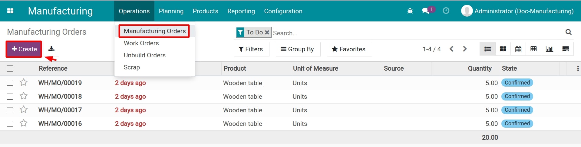 Manufacturing order creation for the semi-finished products