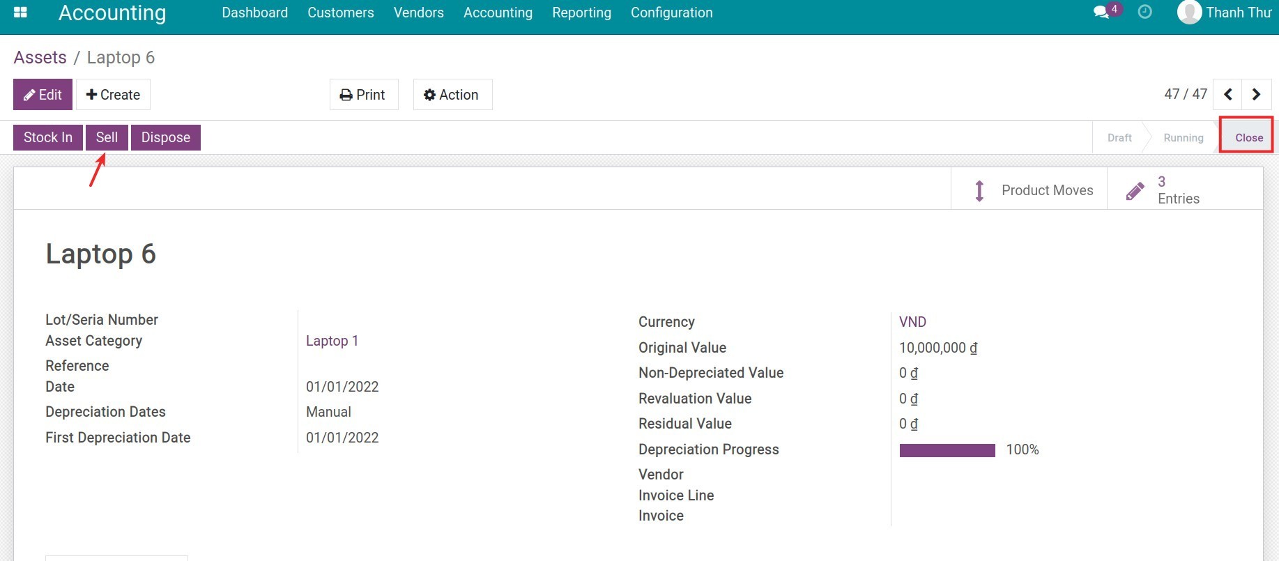 Depreciated asset view in Viindoo accounting app