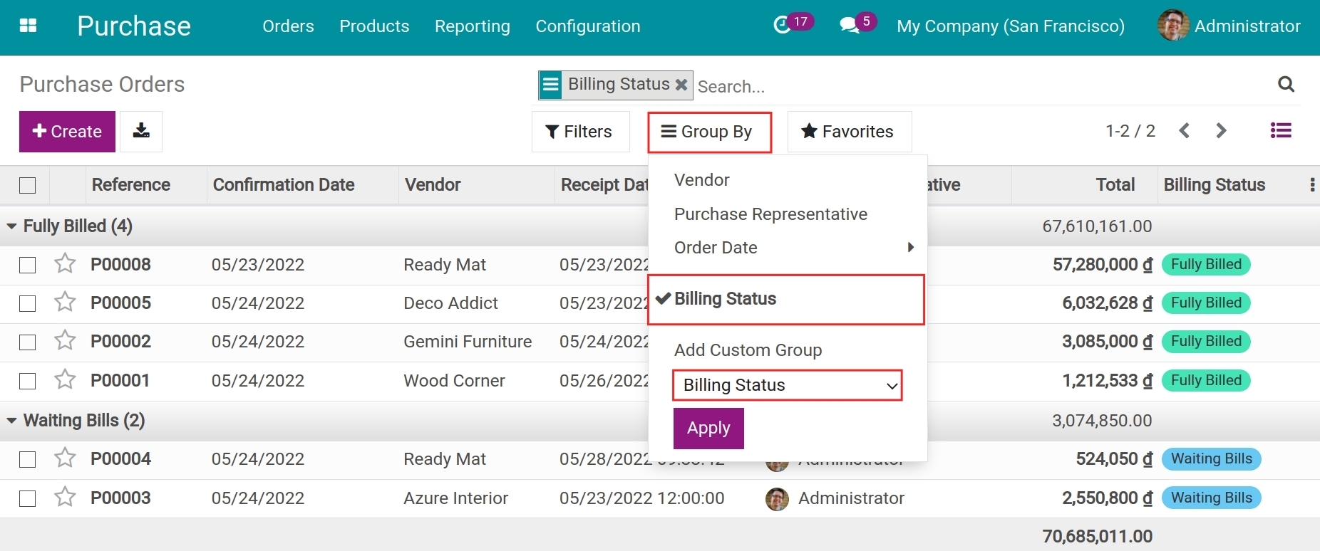 Grouping the Purchase order by the billing status
