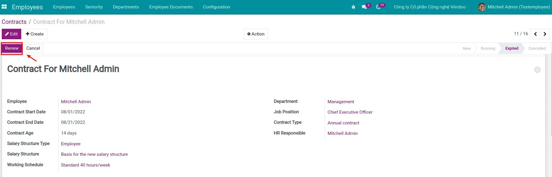 Renew a labor contract in Viindoo software