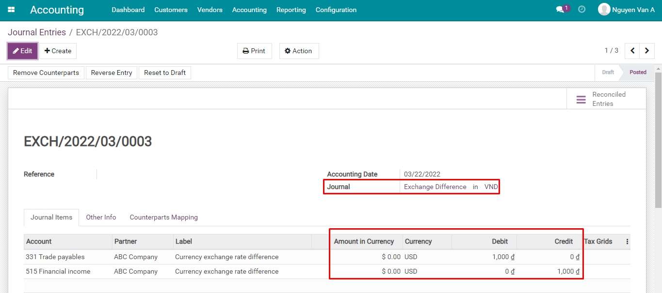 The details of the exchange difference entry Viindoo