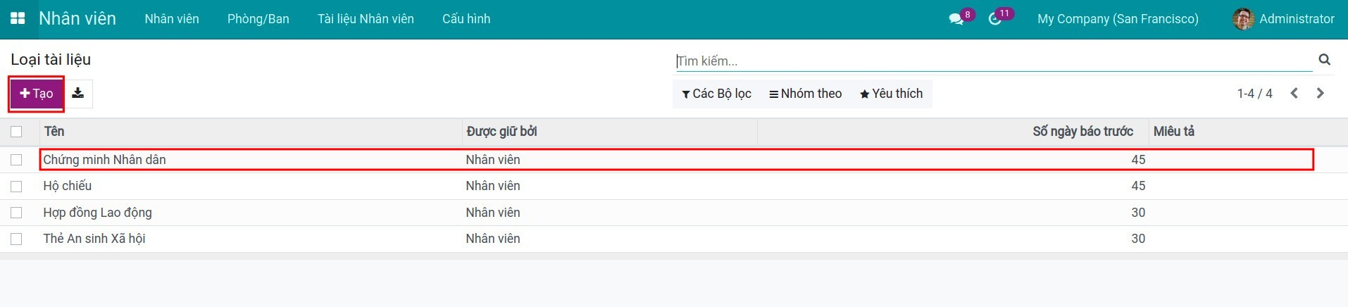 Quản lý chọn loại tài liệu nhân viên Partner - Viindoo