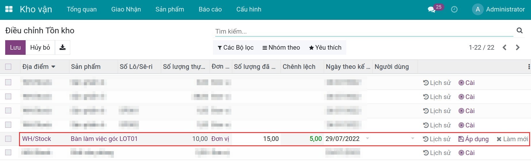 Cập nhật số lượng hàng tồn kho trong phiếu điều chỉnh hàng tồn kho