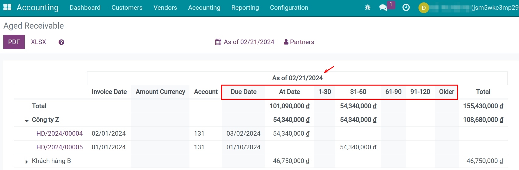 Aged receivable report