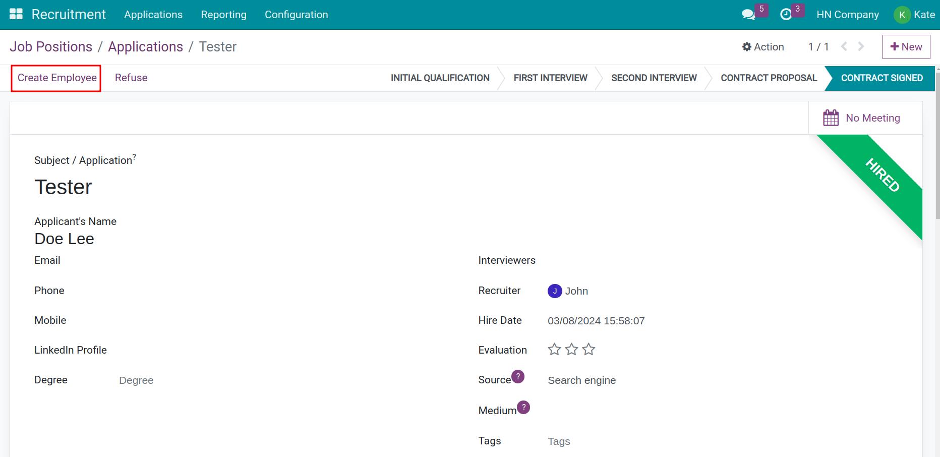 Create employee on Viindoo Applications Menu