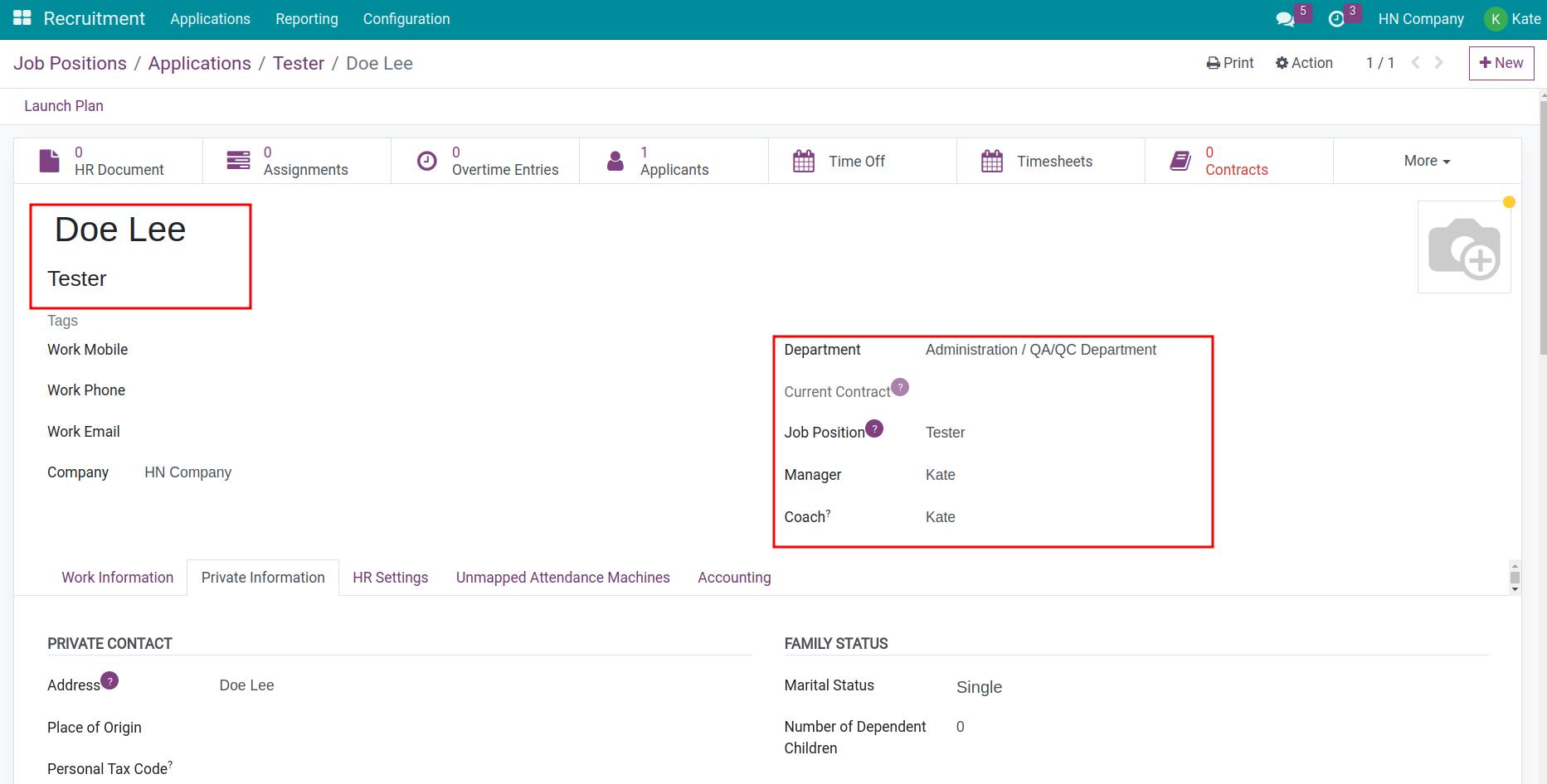 Viindoo Employees user interface