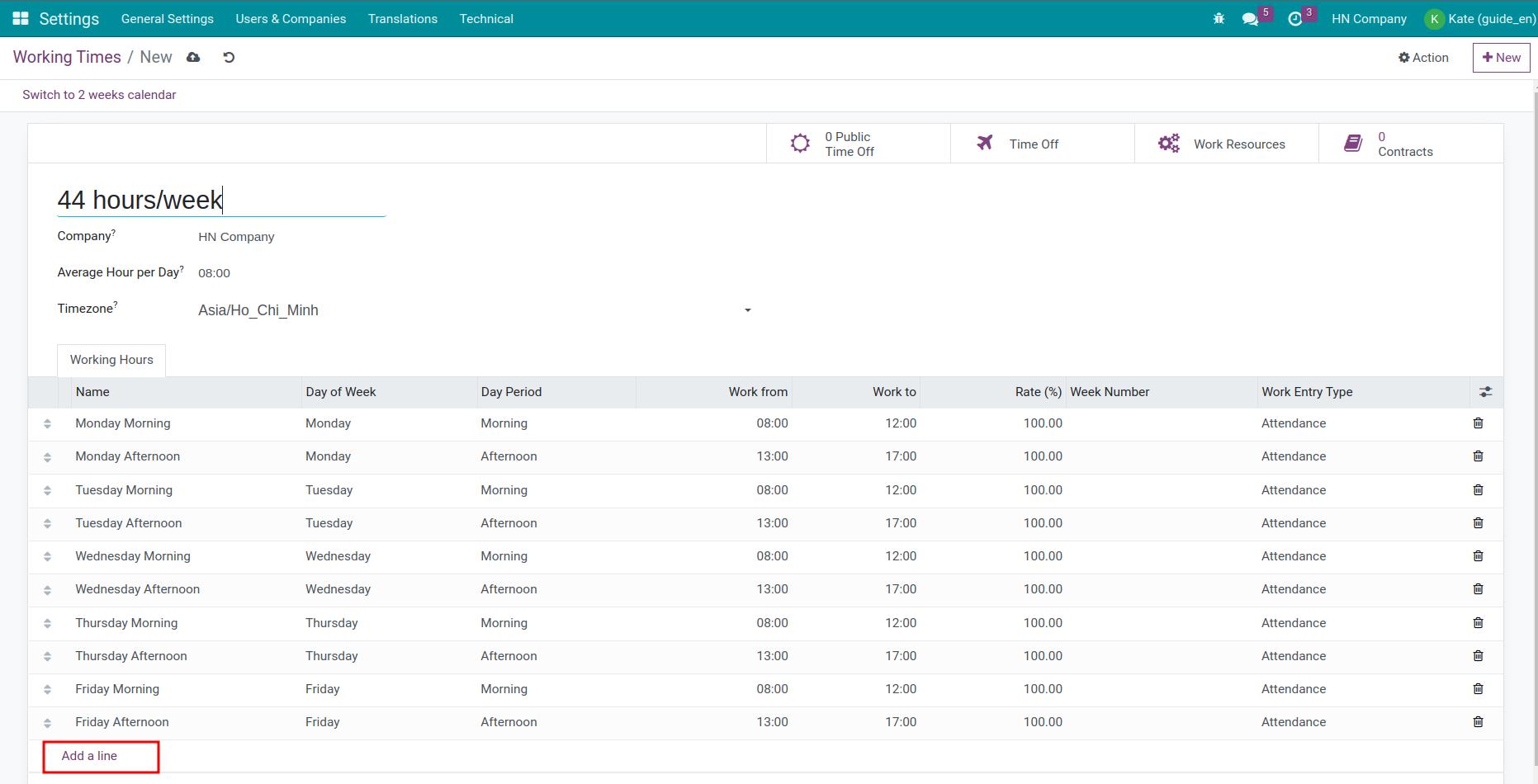 Viindoo interface of working times