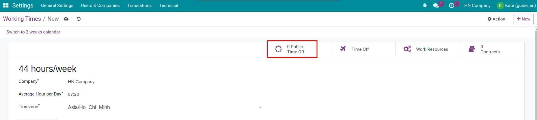 Viindoo interface of global time off on working times