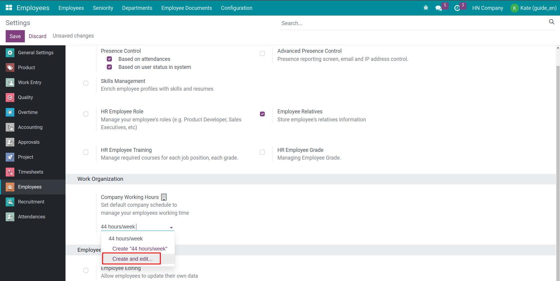 Viindoo interface of creating and editing working times