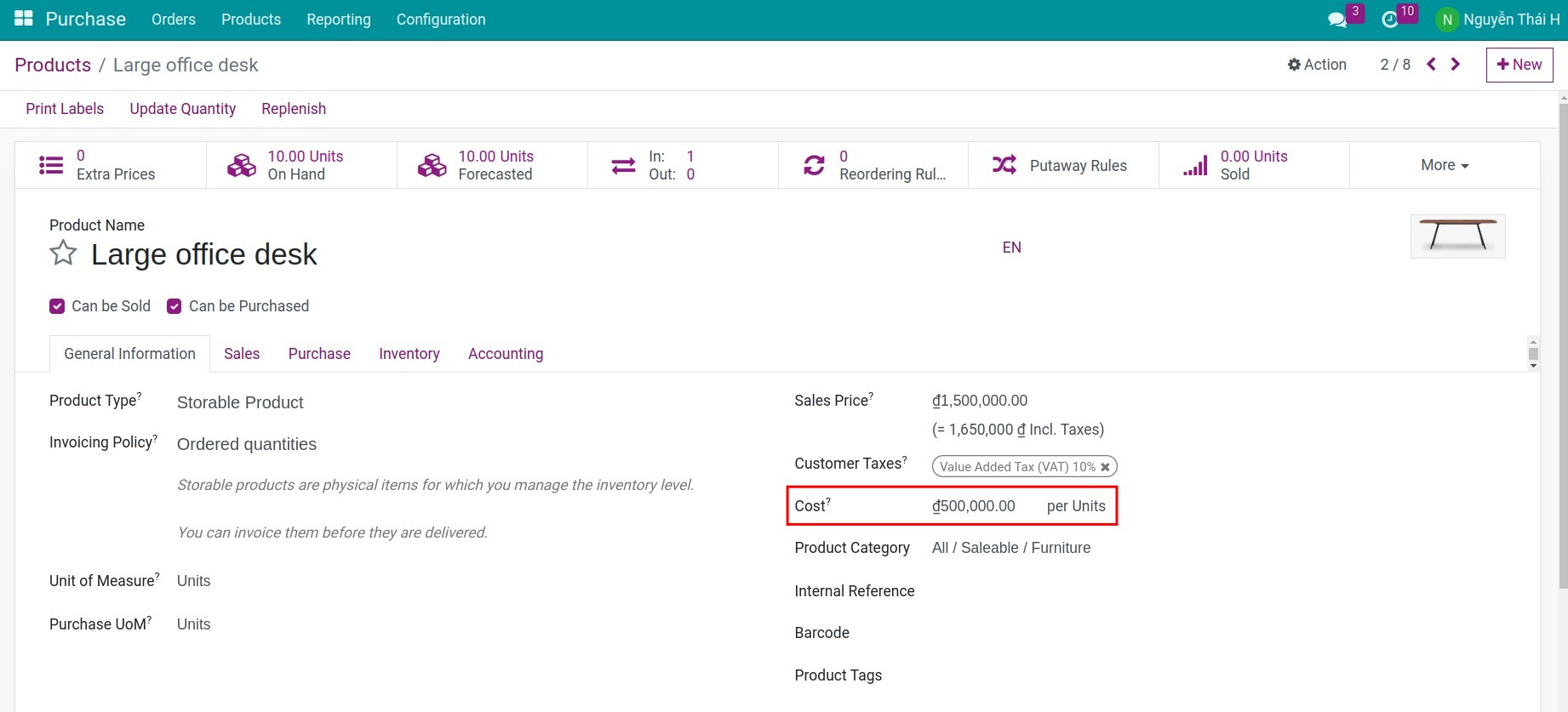 The cost of goods sold (COGS) in Viindoo