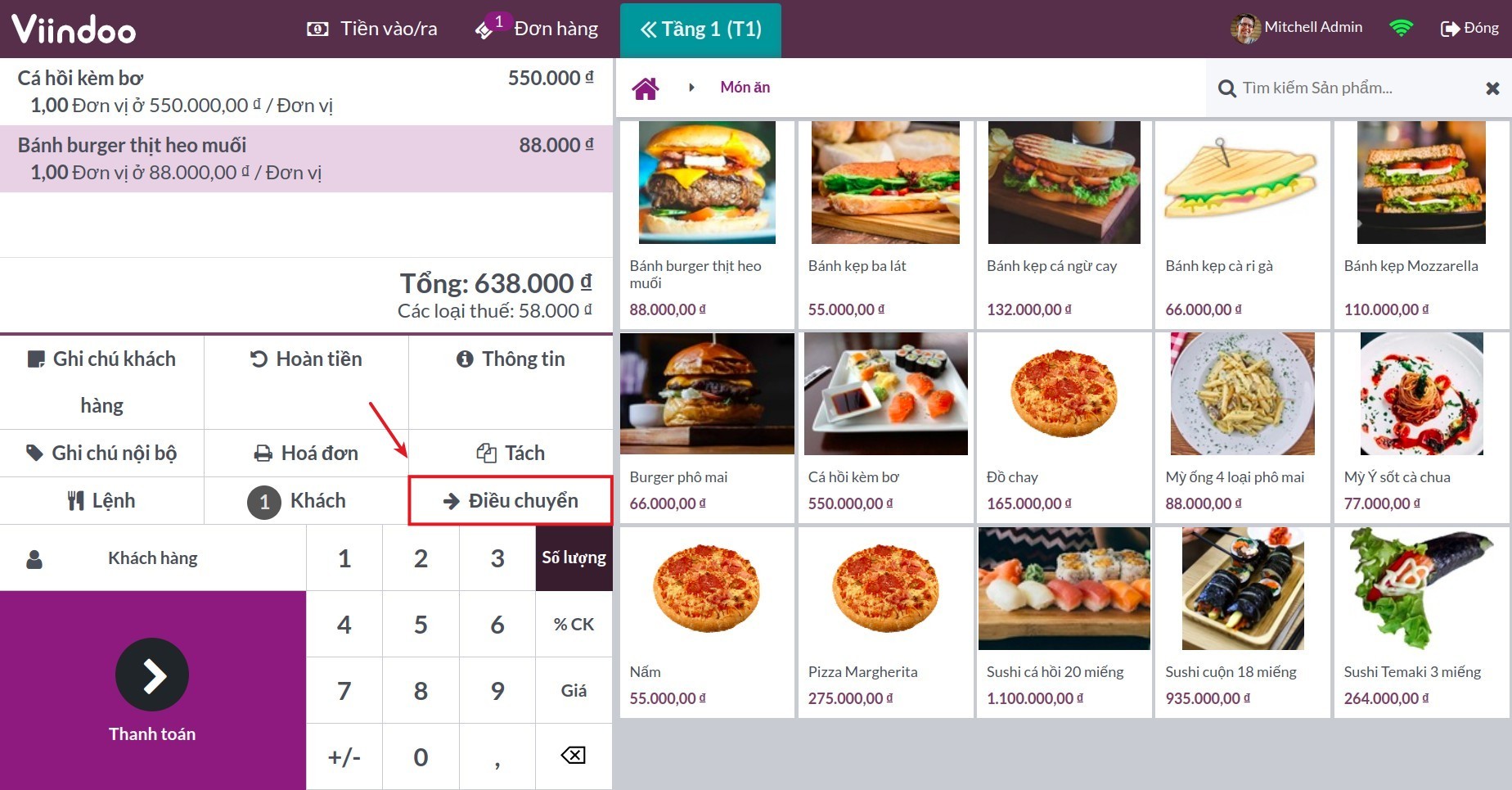 chuyển bàn trên giao diện đơn bán lẻ viindoo pos