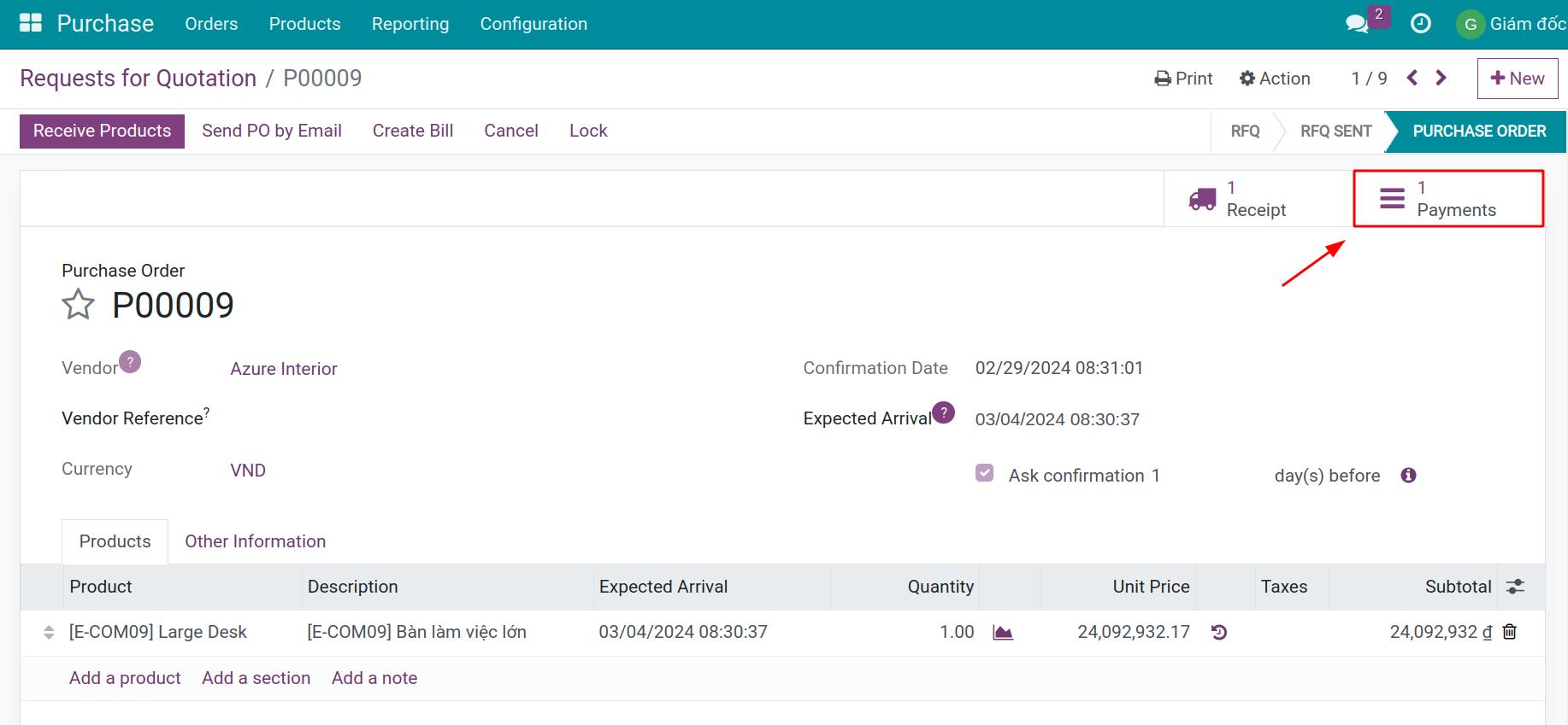 Record the advance payment on the Purchase Order - Viindoo