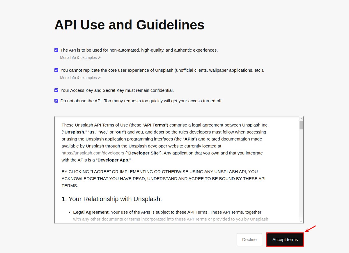 Accept Unsplash terms