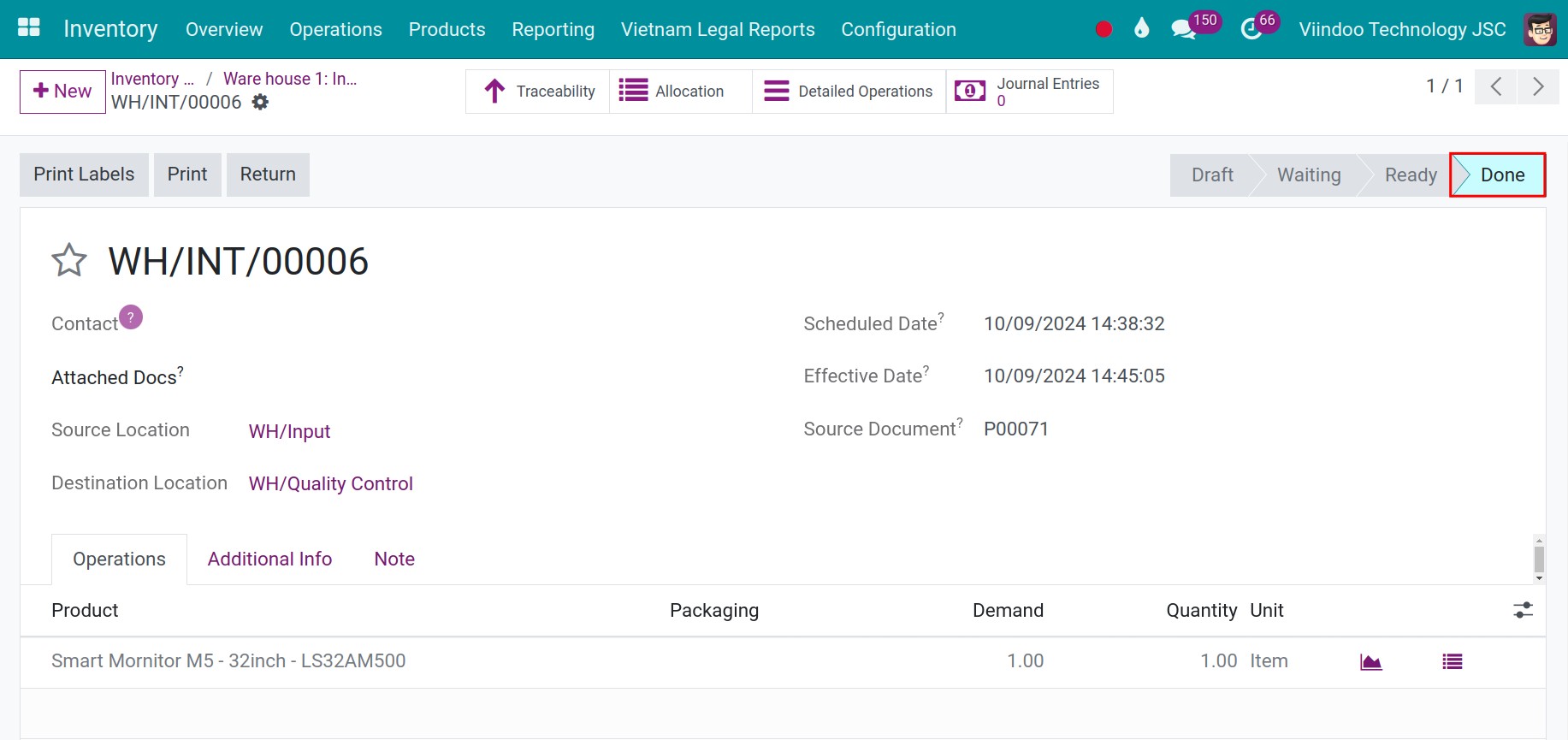Stock move transfered to Quality Control location done Inventory Viindoo