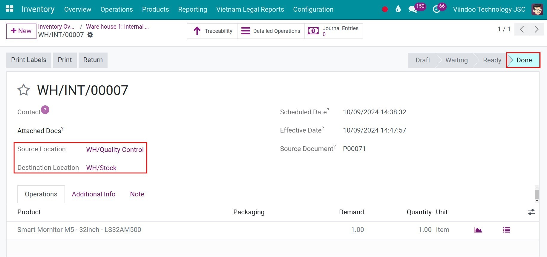 Stock transfer done Inventory Viindoo