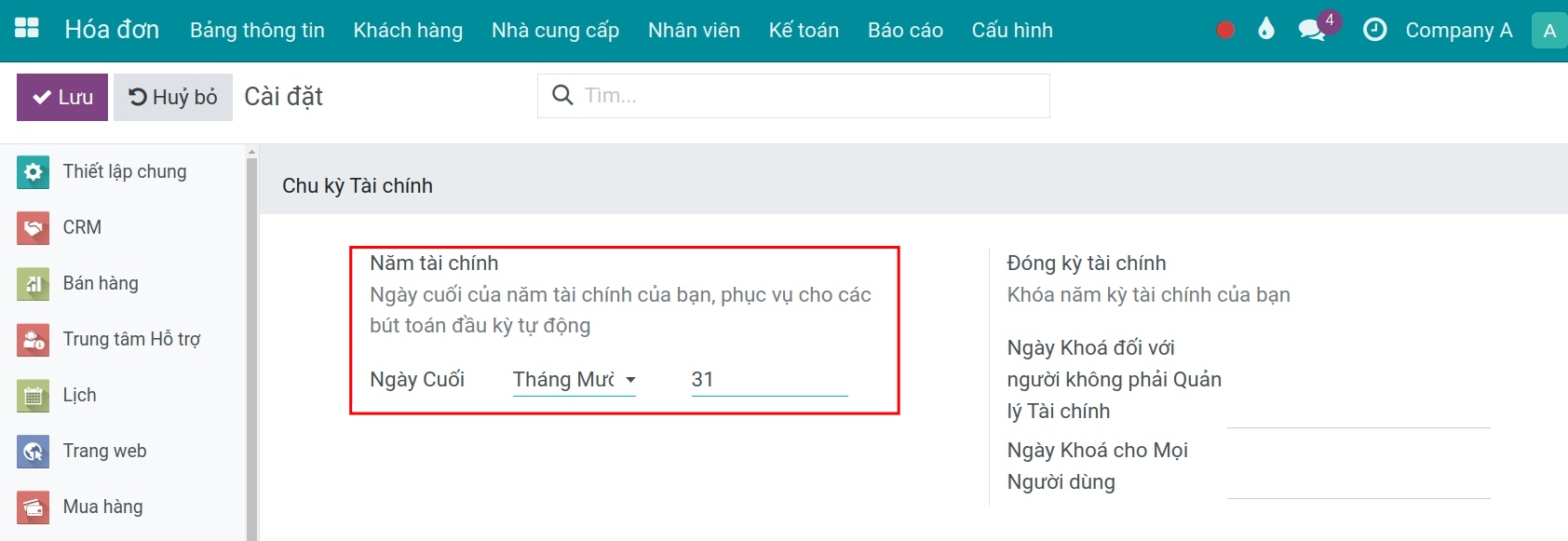 Truy cập thiết lập năm tài chính