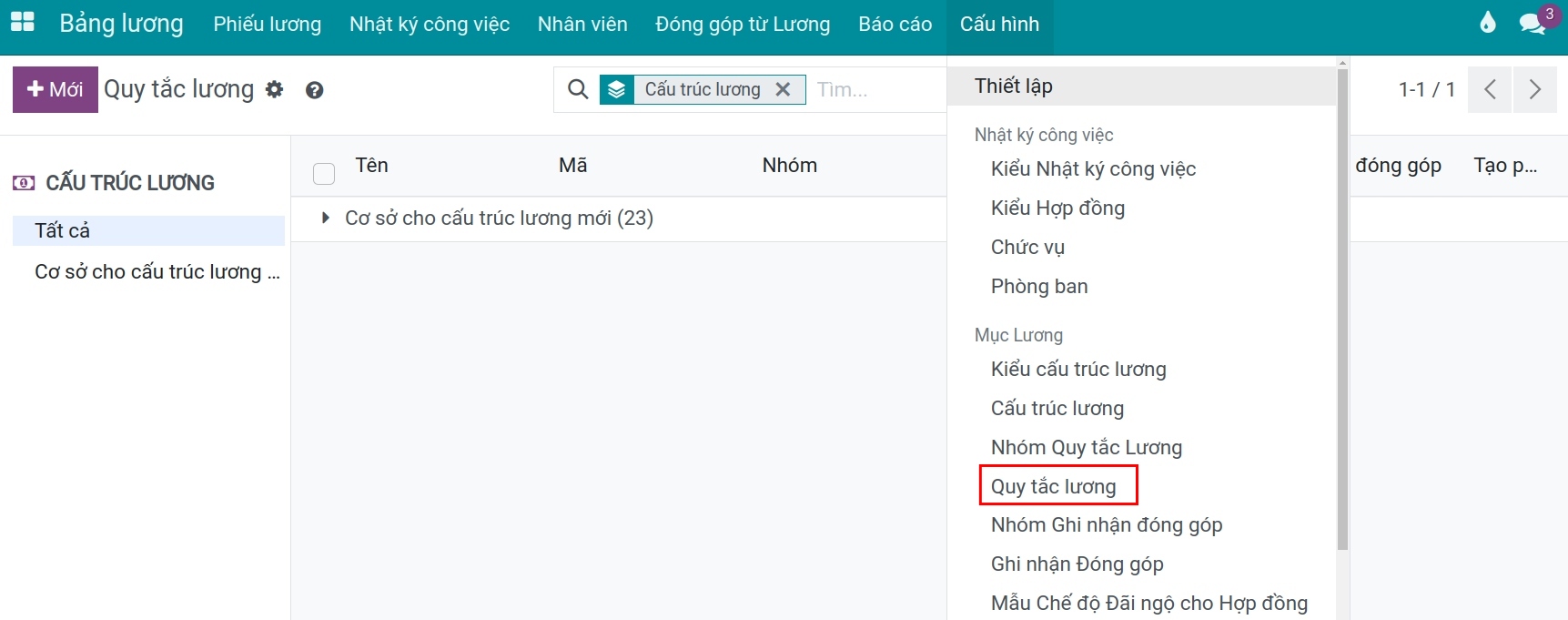 Truy cập danh sách quy tắc lương Bảng lương Viindoo