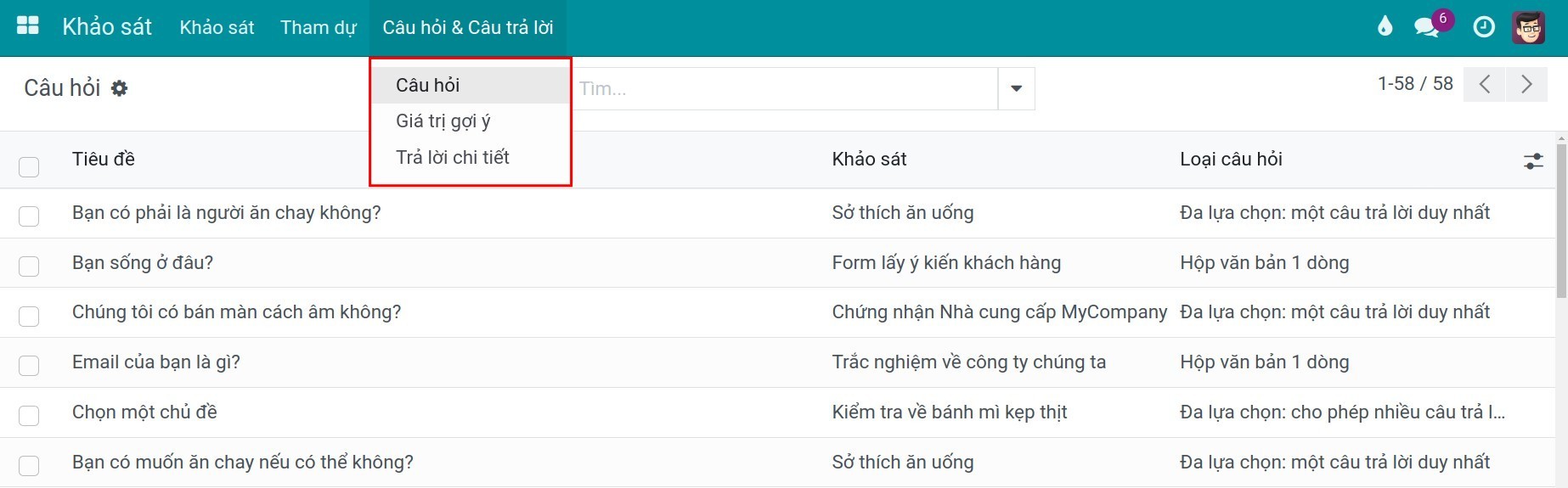 Giao diện Câu hỏi & Câu trả lời khảo sát