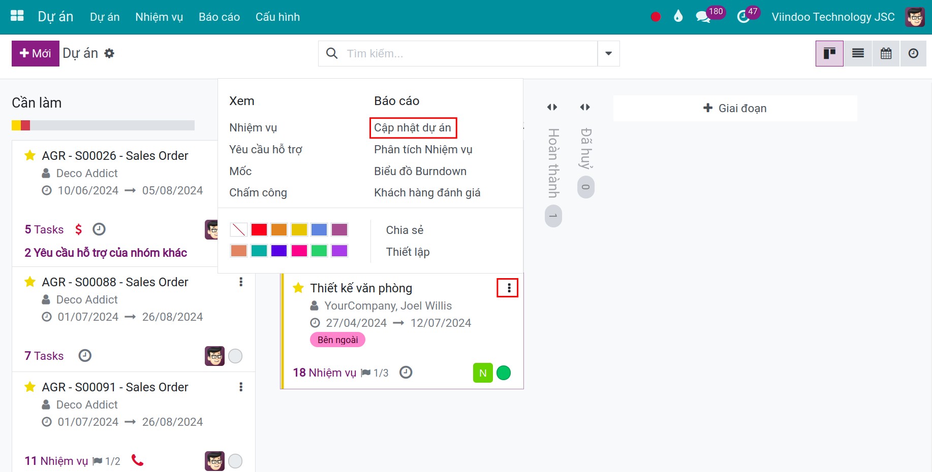 Chọn Cập nhật dự án - Viindoo