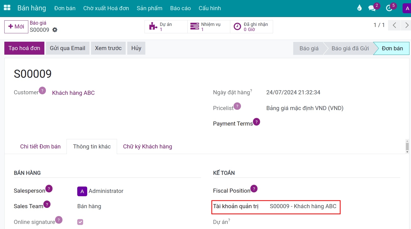 Tài khoản Kế toán Quản trị sinh ra từ đơn bán Viindoo